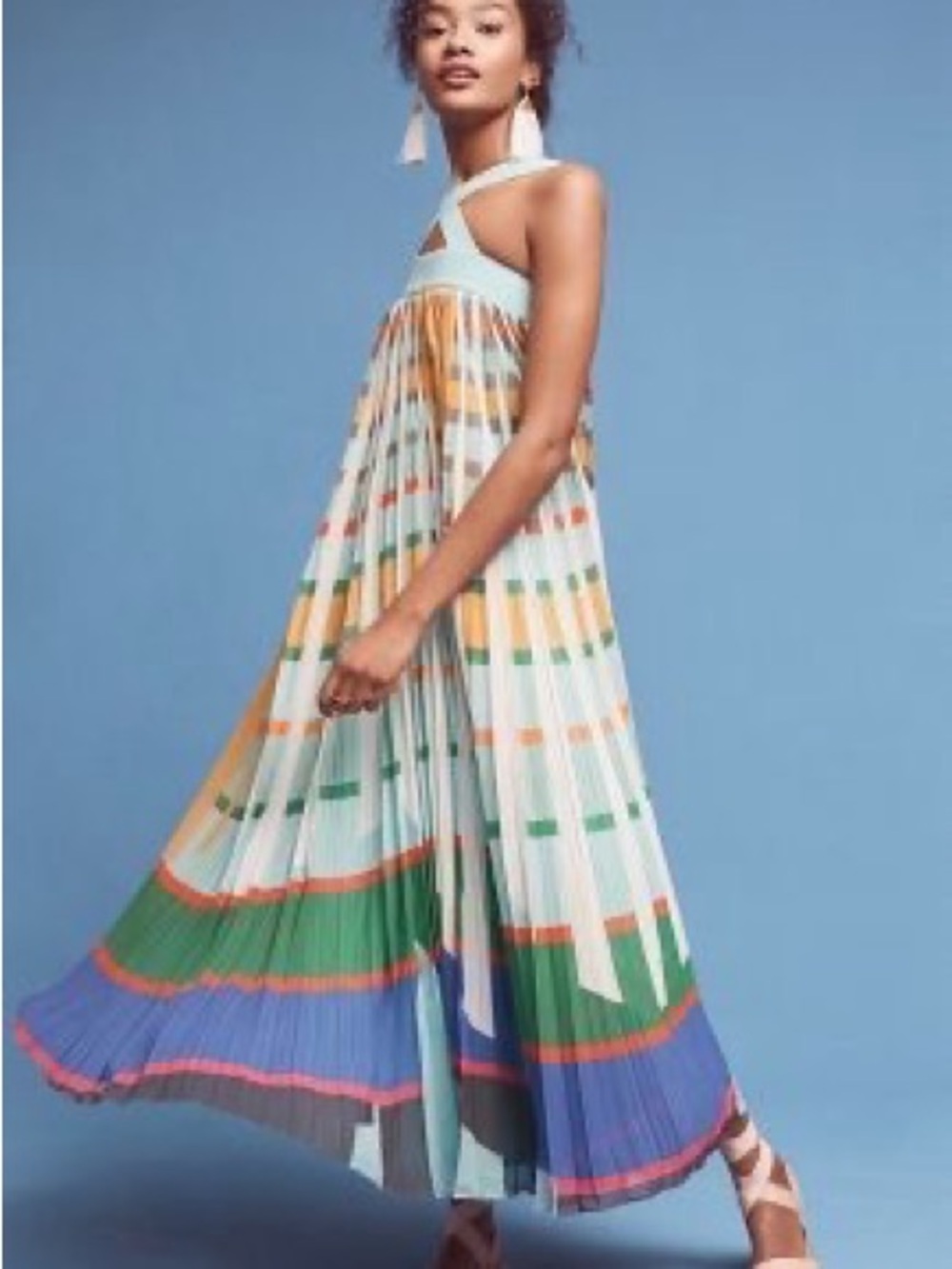 Anthropologie Mint and Multi-Stripe Pleated Maxi Dress